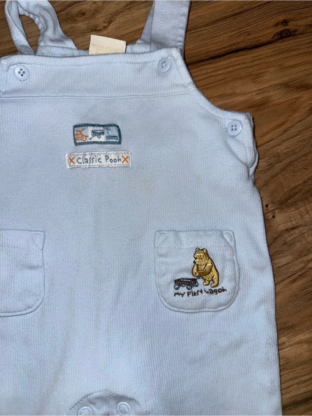 Vintage Disney Baby Classic Pooh My First Wagon Blue Romper Overalls 6M